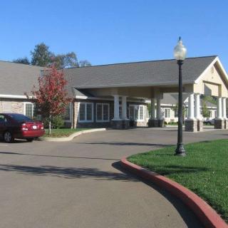 A view of a building with a driveway, parked car, and surrounding greenery.