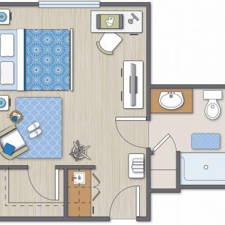 Illustrated one-bedroom apartment floor plan with a bathroom and living area.