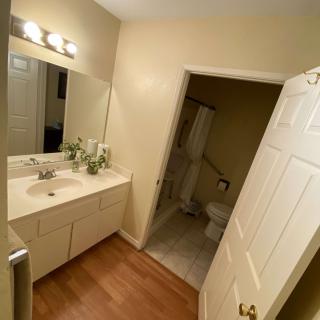A well-lit bathroom with a sink, large mirror, and adjacent toilet.