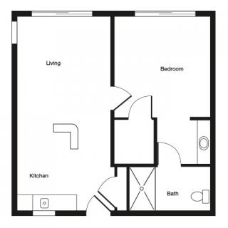A floor plan of a one-bedroom apartment including living area, kitchen, bedroom, and bathroom.