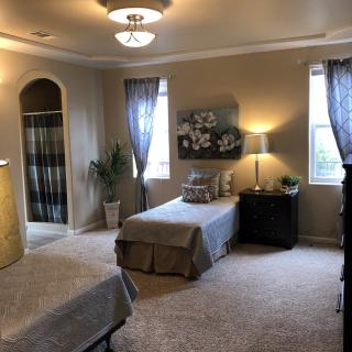 A cozy bedroom with twin beds, soft carpet flooring, and elegant decor.