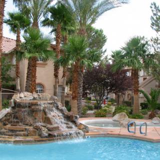A serene resort pool surrounded by palm trees and featuring a decorative waterfall.