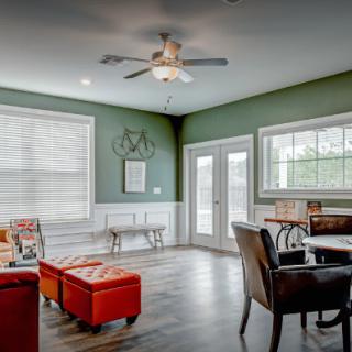 A cozy living room with green walls and abundant natural light, featuring stylish furniture and wood flooring.