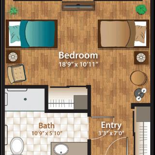 A floor plan showing a bedroom, bathroom, and entryway with furniture layout.