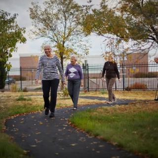 A group of seniors walking on a park pathway surrounded by autumn trees.