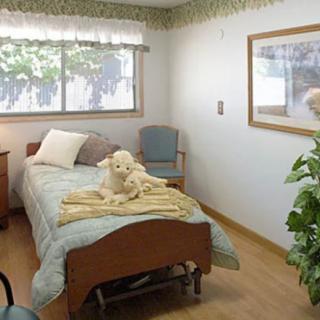 A cozy bedroom with a hospital bed featuring a stuffed animal and blanket, a chair by the window, and a framed painting on the wall.