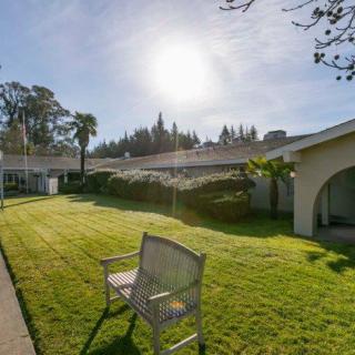 A sunny garden with a wooden bench, well-maintained grass, and surrounding trees in front of a building.