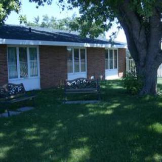 A brick house with large windows, shaded by a tree, with benches on the lawn.
