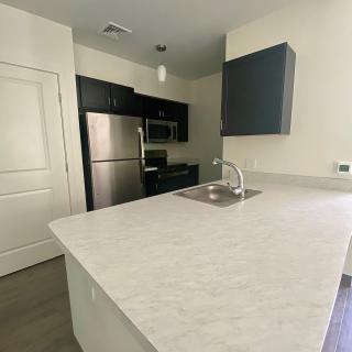 A modern apartment kitchen with stainless steel appliances and a large countertop.