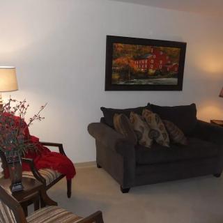 A cozy living room with a dark couch, armchair, lamps, and a painting on the wall.