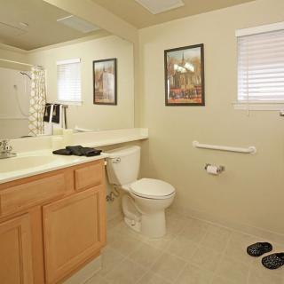 A clean and well-organized bathroom with light wood cabinets, a large mirror, and decorative wall art.