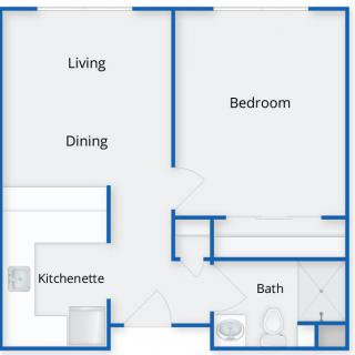 A simple floor plan of a one-bedroom apartment with designated living, dining, and kitchenette areas.