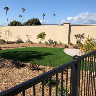 A well-maintained garden with a metal fence, featuring grass, shrubs, and small trees against a beige wall.