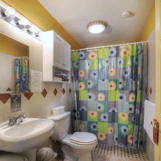 A brightly colored bathroom with a patterned shower curtain and tiles.