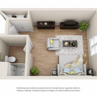 A compact studio apartment layout with a combined living and sleeping area, featuring modern furniture and minimalistic decor.