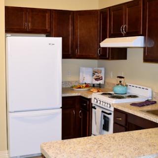 A modern kitchen featuring dark wood cabinets, a white refrigerator, and essential cooking appliances.