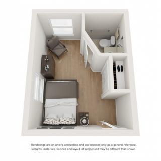 3D floor plan of a compact bedroom with modern furnishings, featuring a bed, chair, and small bathroom.