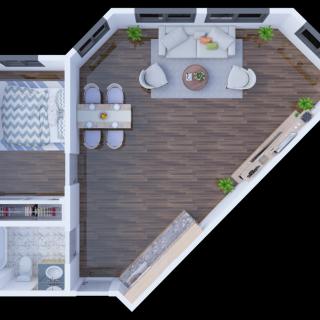 A modern and open floor plan featuring a living room, dining area, and kitchen with stylish furniture and decor.