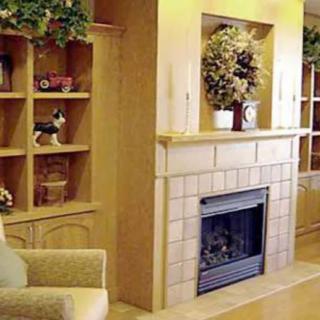 A cozy living room featuring a fireplace, built-in shelves with decorations, and a comfortable couch.