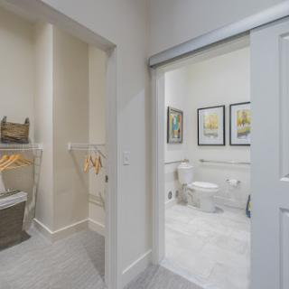 A stylish and modern bathroom featuring a sleek design with neutral tones.
