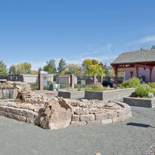 A landscaped garden featuring rock formations, plants, and trees under a clear blue sky.