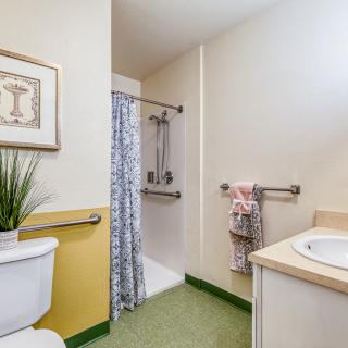 A clean and well-organized bathroom with a shower area, toilet, sink, and decorative elements.