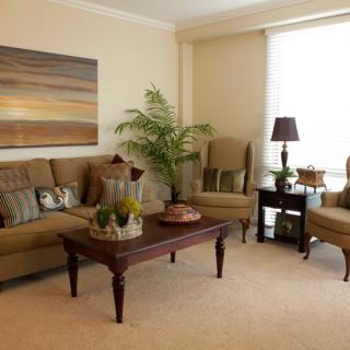 A cozy living room with a sofa set, coffee table, decorative pillows, indoor plant, and ambient lighting.