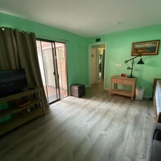 A cozy living room with green walls, a hardwood floor, and sliding doors leading outside.