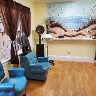 A vintage salon interior featuring retro chairs, hair dryers, and a beach-themed mural on the wall.