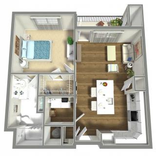 A 3D floor plan of a one-bedroom apartment featuring an open living area, kitchen, bathroom, and balcony.