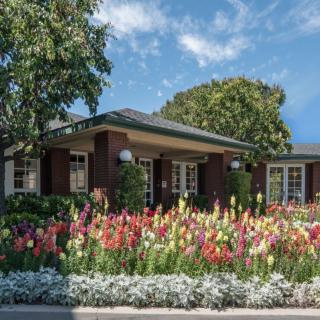A charming house surrounded by a colorful garden with vibrant flowers and lush trees under a blue sky.