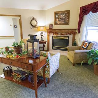A cozy living room featuring a fireplace, comfortable seating, and various decorative plants.