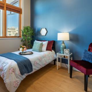 A cozy, modern bedroom with a single bed and blue accent wall, illuminated by natural light from large windows.