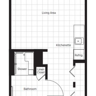 Studio apartment floor plan with a living area, kitchenette, and bathroom.