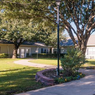 A peaceful residential area with well-maintained lawns and large trees.