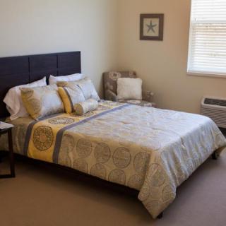 A neatly arranged bedroom with a decorated bed and natural lighting.