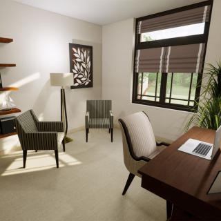 A modern home office space featuring a desk with a laptop, chairs, shelves, and a large window.