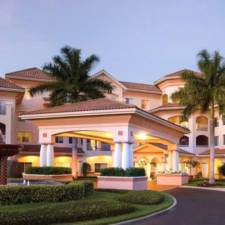 A luxurious hotel entrance surrounded by palm trees.