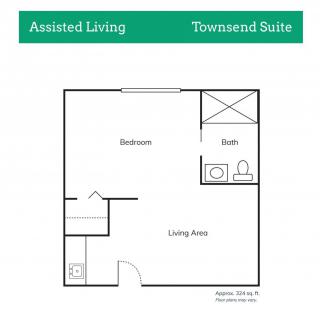 Floor plan of the Townsend Suite in an assisted living facility, featuring a living area, bedroom, and bathroom.