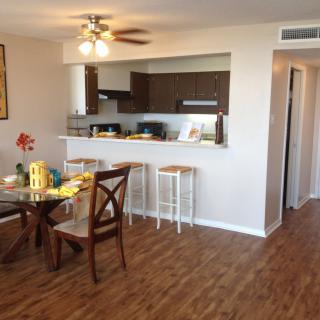 A cozy apartment with an open floor plan featuring a kitchen and dining area with wood flooring.