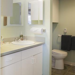 A modern bathroom with a sink, mirror, and toilet.