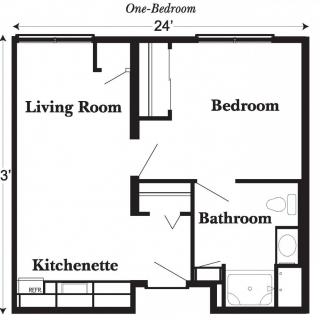 A floor plan of a one-bedroom apartment featuring a living room, kitchenette, bedroom, and bathroom.