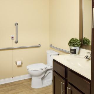An accessible bathroom with a toilet, sink, and grab bars.