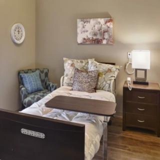 A cozy bedroom with a hospital bed, decorative pillows, and a bedside table.