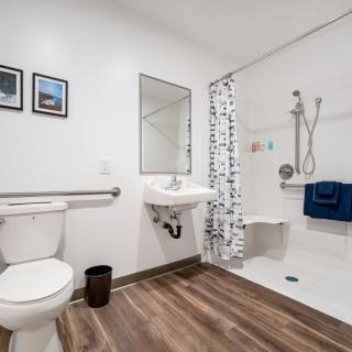 A modern, accessible bathroom with a toilet, sink, and shower equipped with grab bars.
