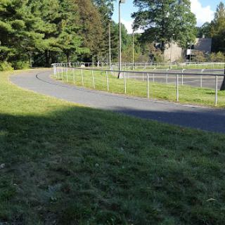 A peaceful curved path in a park surrounded by greenery and a fence.