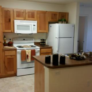A cozy kitchen with wooden cabinets and essential appliances.