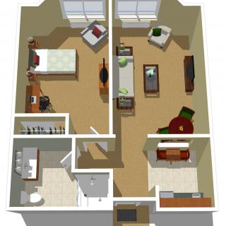 A 3D floor plan of an apartment showcasing two bedrooms and a shared living space.