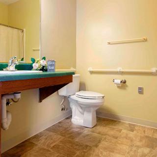 An accessible bathroom with a toilet, sink, and safety handrails.