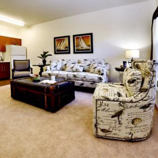 A cozy living room with a sofa, patterned armchair, and a wooden coffee table.